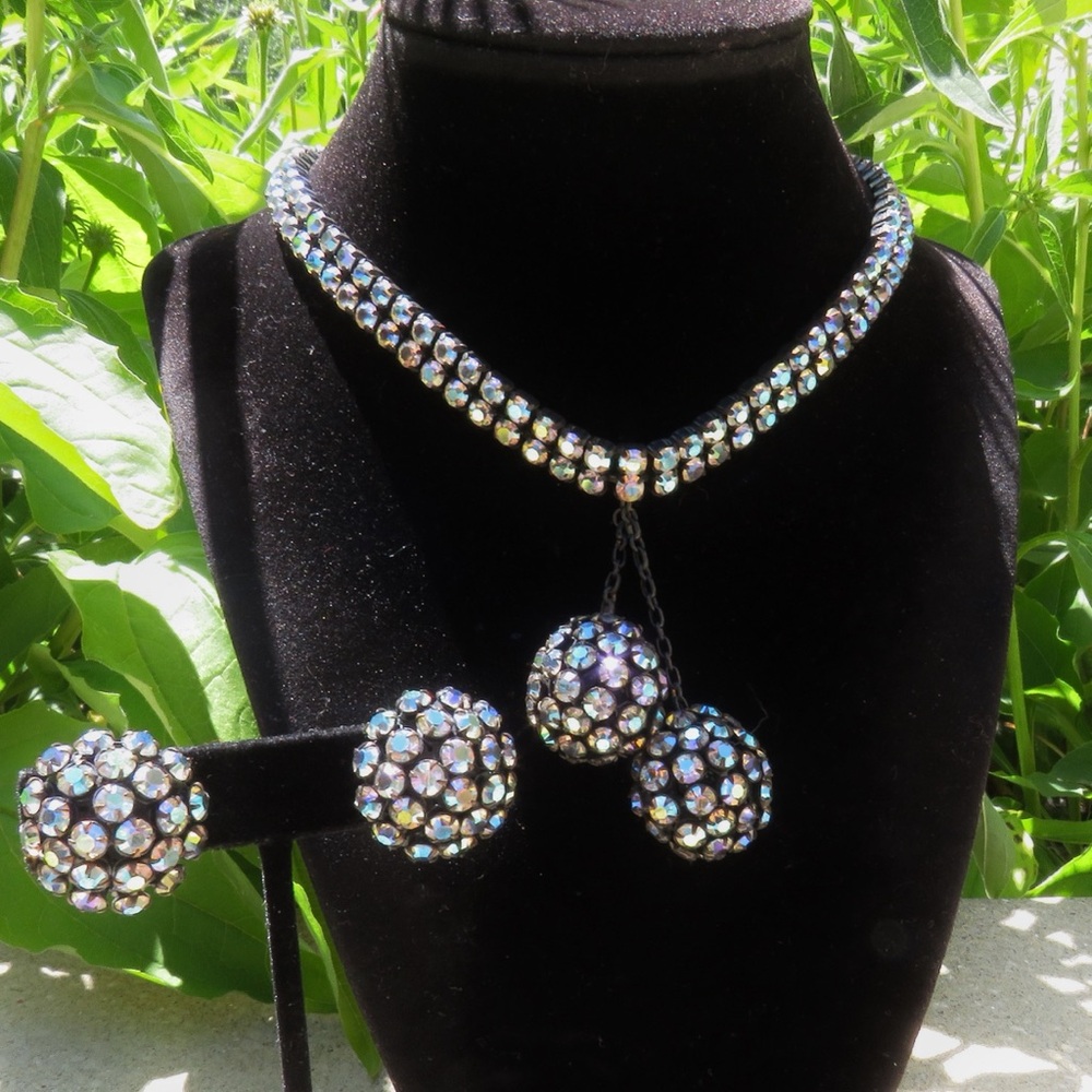 Vintage Glam AB Rhinestone Dangle Balls Choker Necklace Clip On Earring Set